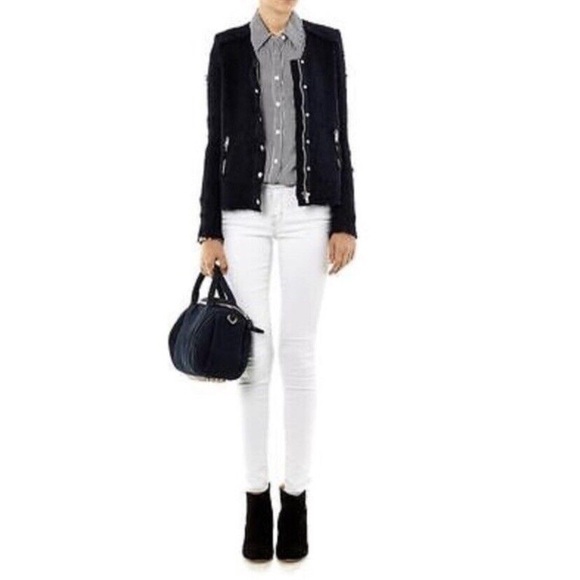 IRO Navy Blue Distressed Tweed Boucle Aggy Button Snap Zipper Jacket Size 8 - Picture 3 of 12